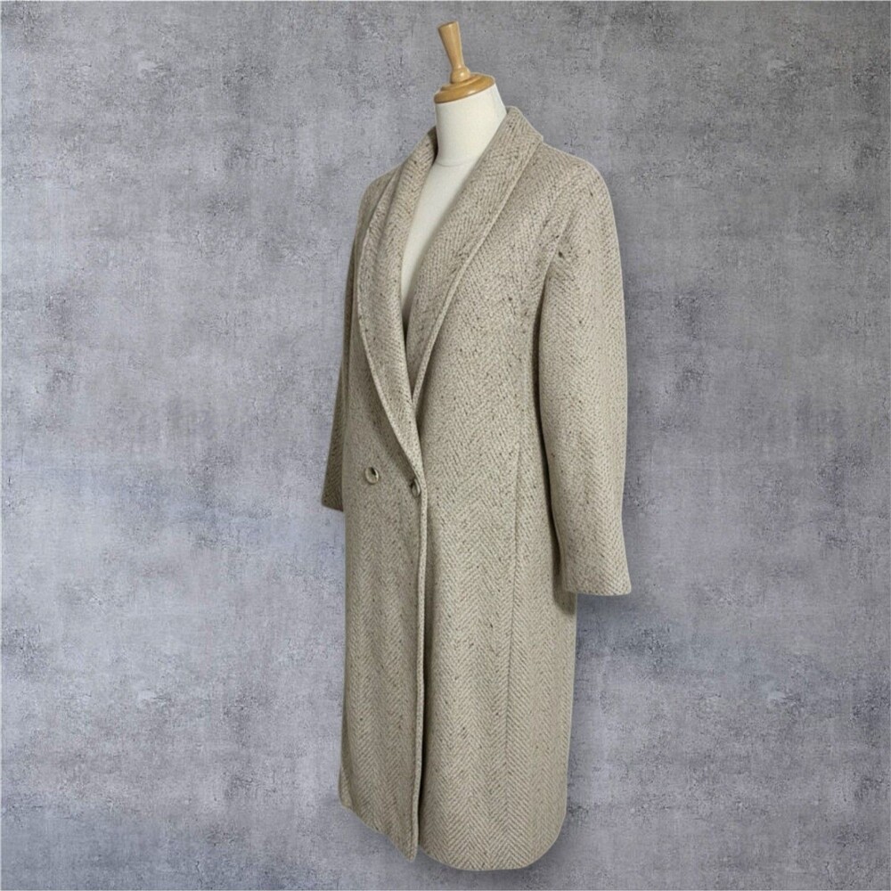 Womans Vintage BRAETAN Beige Wool Long Double Breasted OverCoat Topcoat MEDIUM